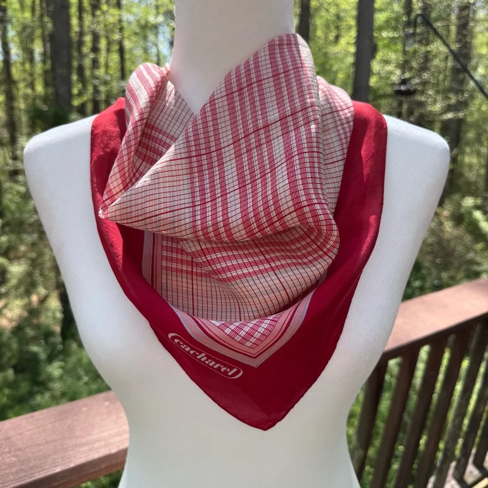 Vintage Cacharel Plaid Tartan Silk Feel Square Scarf 26x26 Red Cream French Chic